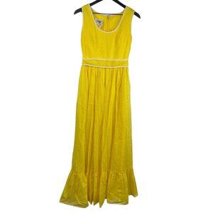 Vintage Miss Elliette Dress Sleeveless Maxi Micro Polka Dot Ruffle Hem Yellow 8